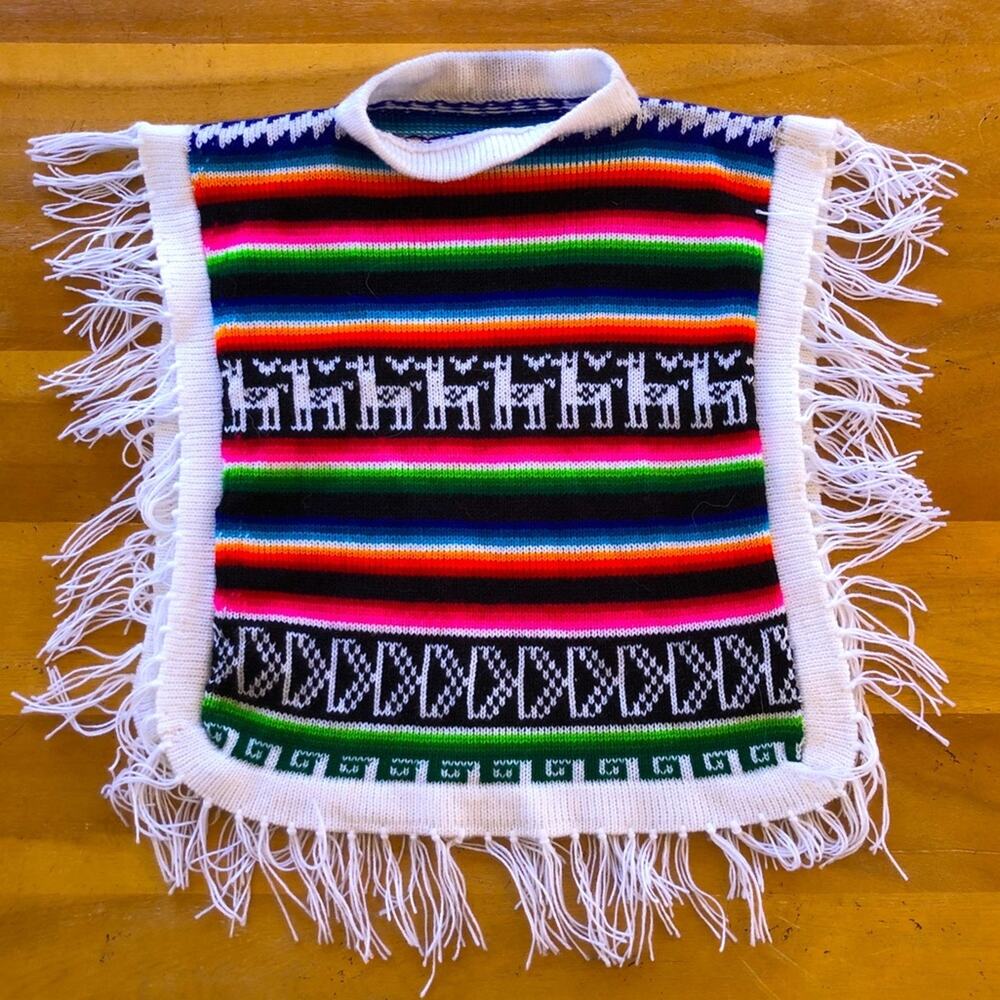 Vintage Child's Poncho Rainbow Llama Peruvian Mexican Serape Fringe Fuzzy Aztec